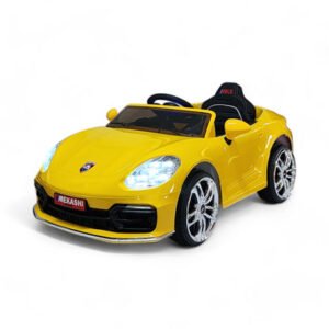 MEKASHI Porsche Electric Car for Kids – 12V Battery, Remote Control, Metallic Yellow (ISI Mark) Remote, 12V Battery, 3 Speed, LED Lights, Music, Bluetooth, 1 to 11 Years, Swing Function, Long Wheelbase, ISI Mark, Metallic yellow